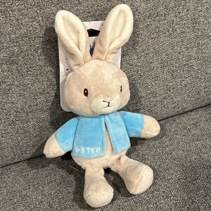 Beatrix Potter Peter Rabbit Plush Bunny Lovey Rattle Tan Blue Shirt 9” New